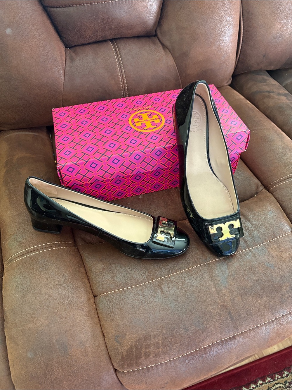 Tory Burch Black Patent Leather Logo Block Heel Flats